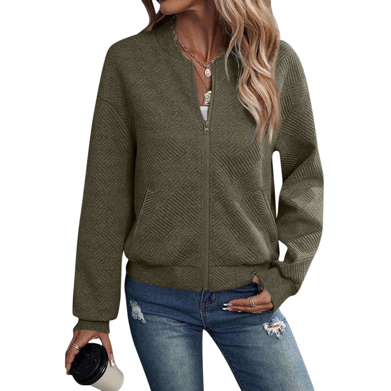 Women's Solid Color Zip-Up Jacket Casual Lightweight Outerwear