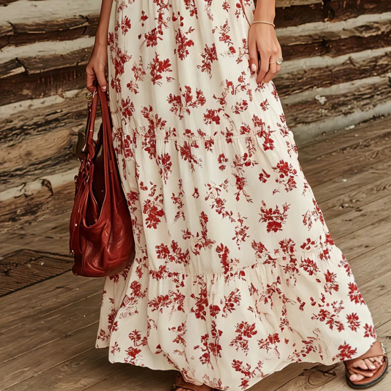 Western Vintage Print Off-White Short-Sleeve Tie-Waist Top and Long Skirt Set