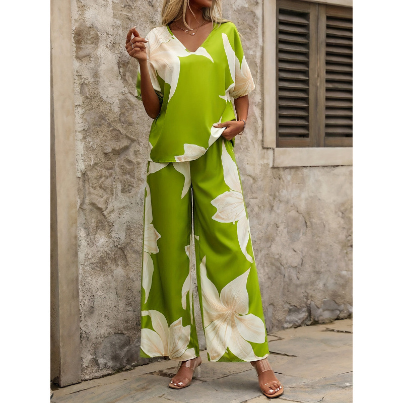 Floral Print V-Neck Batwing Sleeve Top and Wide-Leg Pants Two-Piece Set