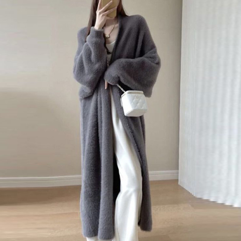 Women's Long Over-Knee Cardigan Sweater Loose Faux Mink Coat