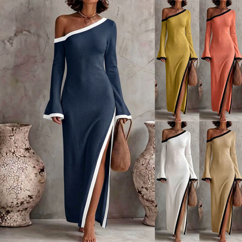 Women's Color-Block One-Shoulder Long-Sleeve Bodycon Dress