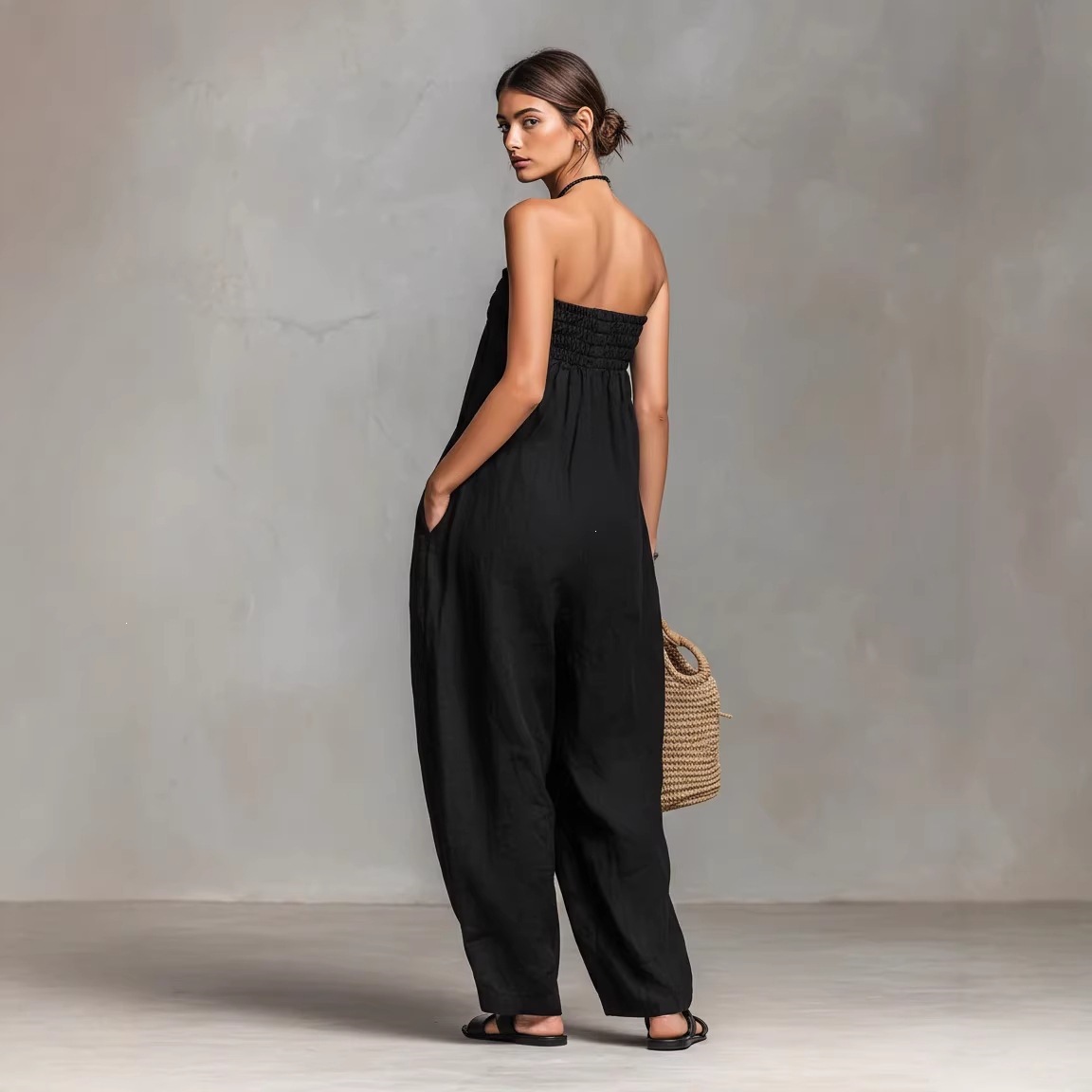 Women's Cotton-Linen Blend Strapless Tube Jumpsuit with Straight-Leg Pants