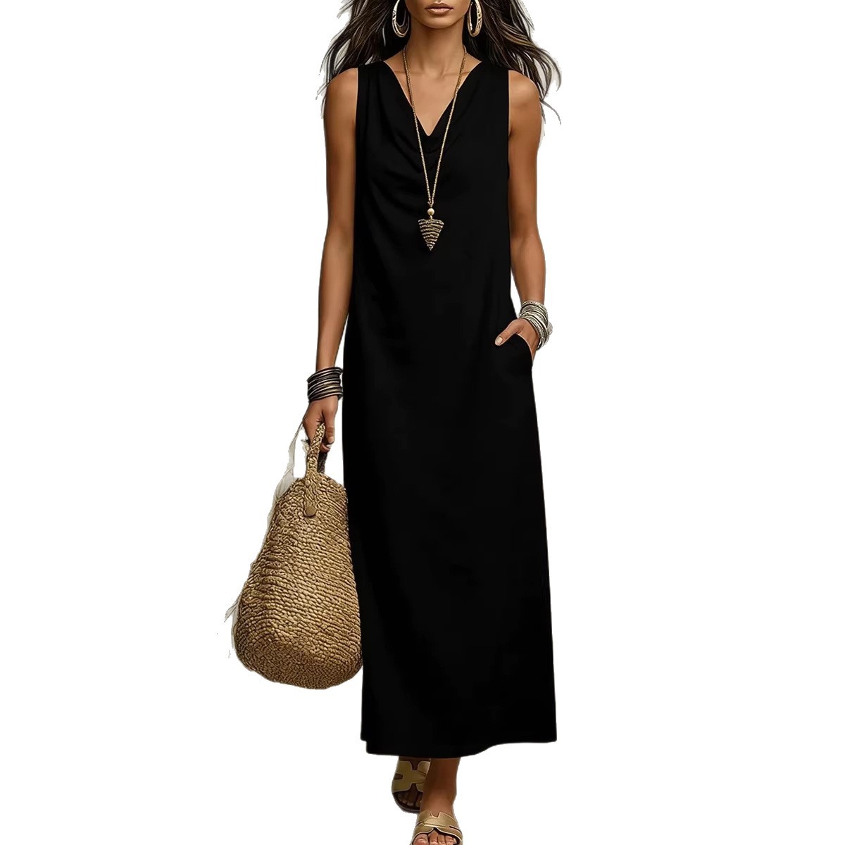 Women's Draped Neck Straight Loose Casual Dress
