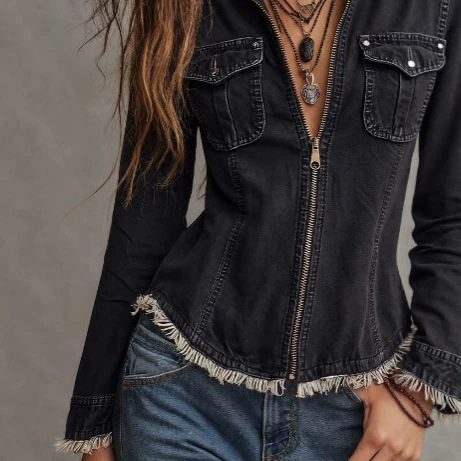 Women's Slim Fit Frayed Raw Hem Black Denim Jacket