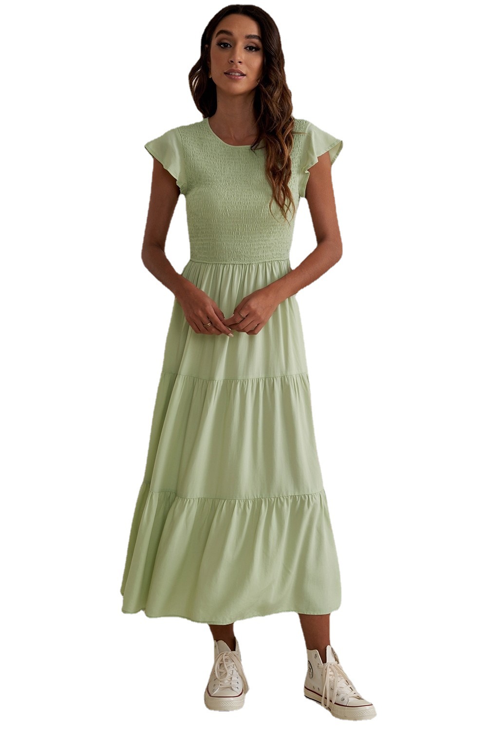 Women's Casual Literary Ruffle Midi Dress with Round Neck and Puff Sleeves