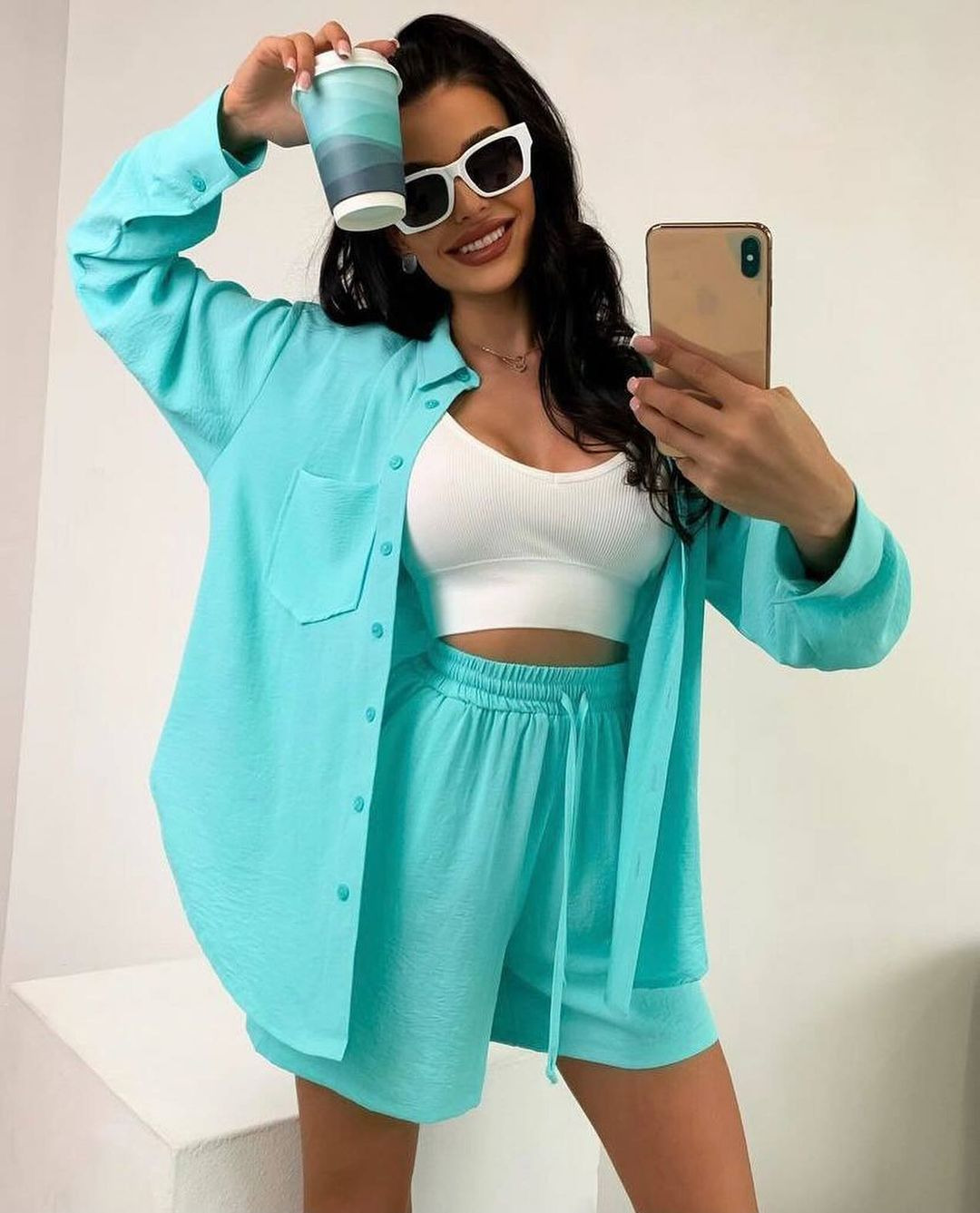 Women's Solid Color Button-Front Long-Sleeve Shirt and Shorts Set Relaxed Casual