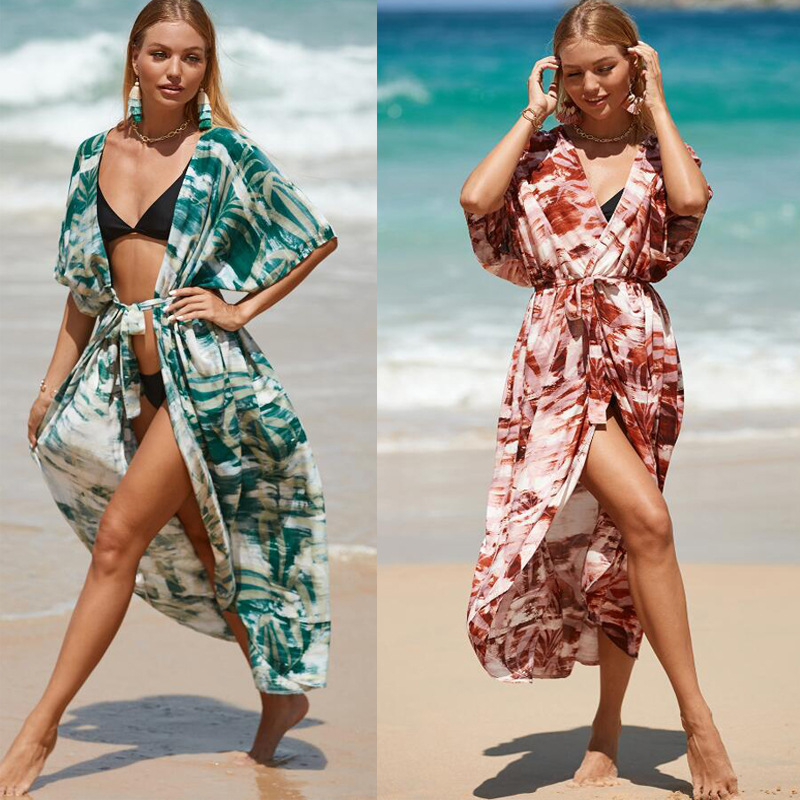 Leaf Print Beach Cover-Up Sheer Open-Front Cardigan