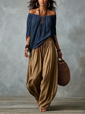 Women's Long Loose Off-Shoulder Top and Lantern Pants Set