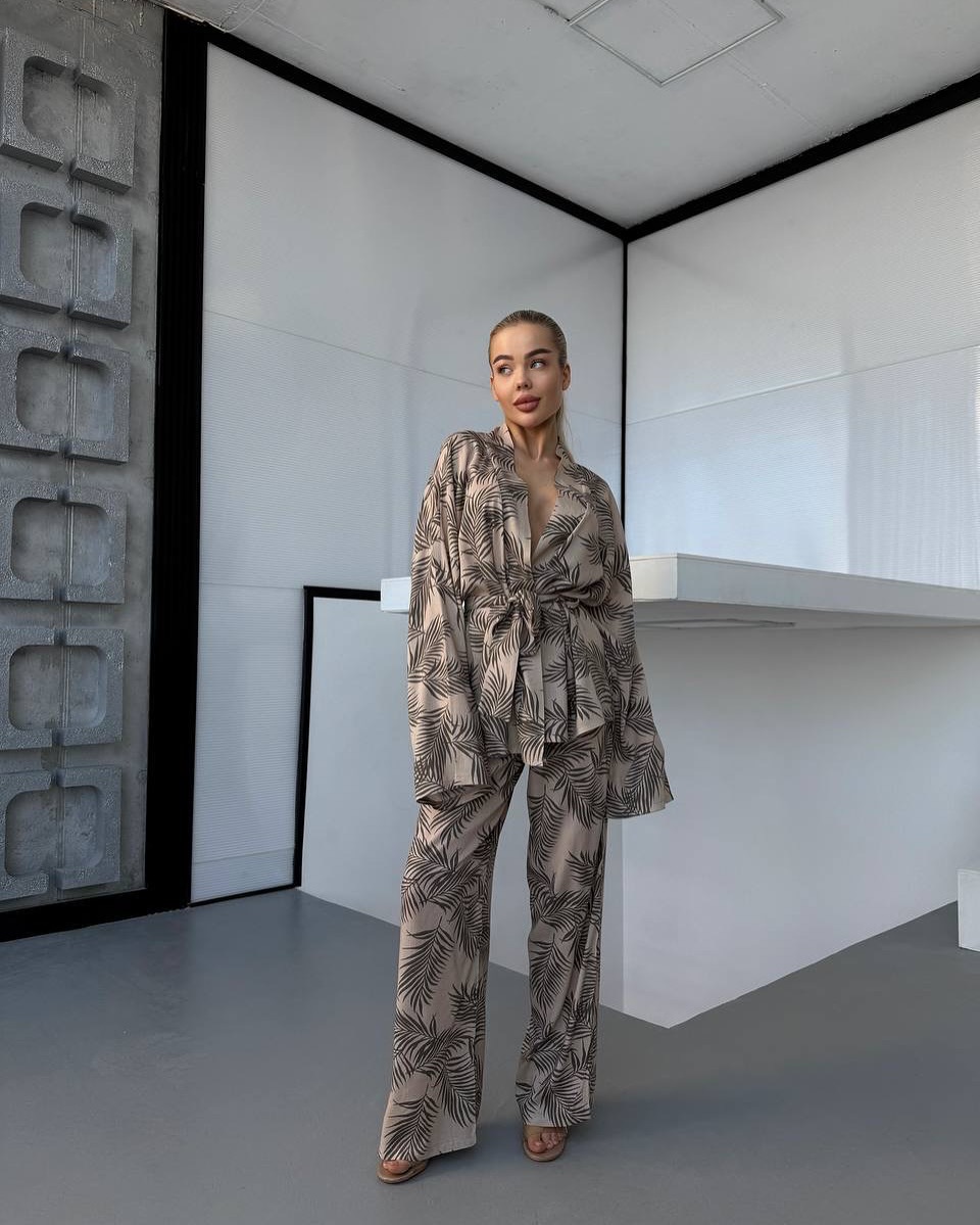 Striped Long-Sleeve Loungewear Set with Tie Shirt and Pants