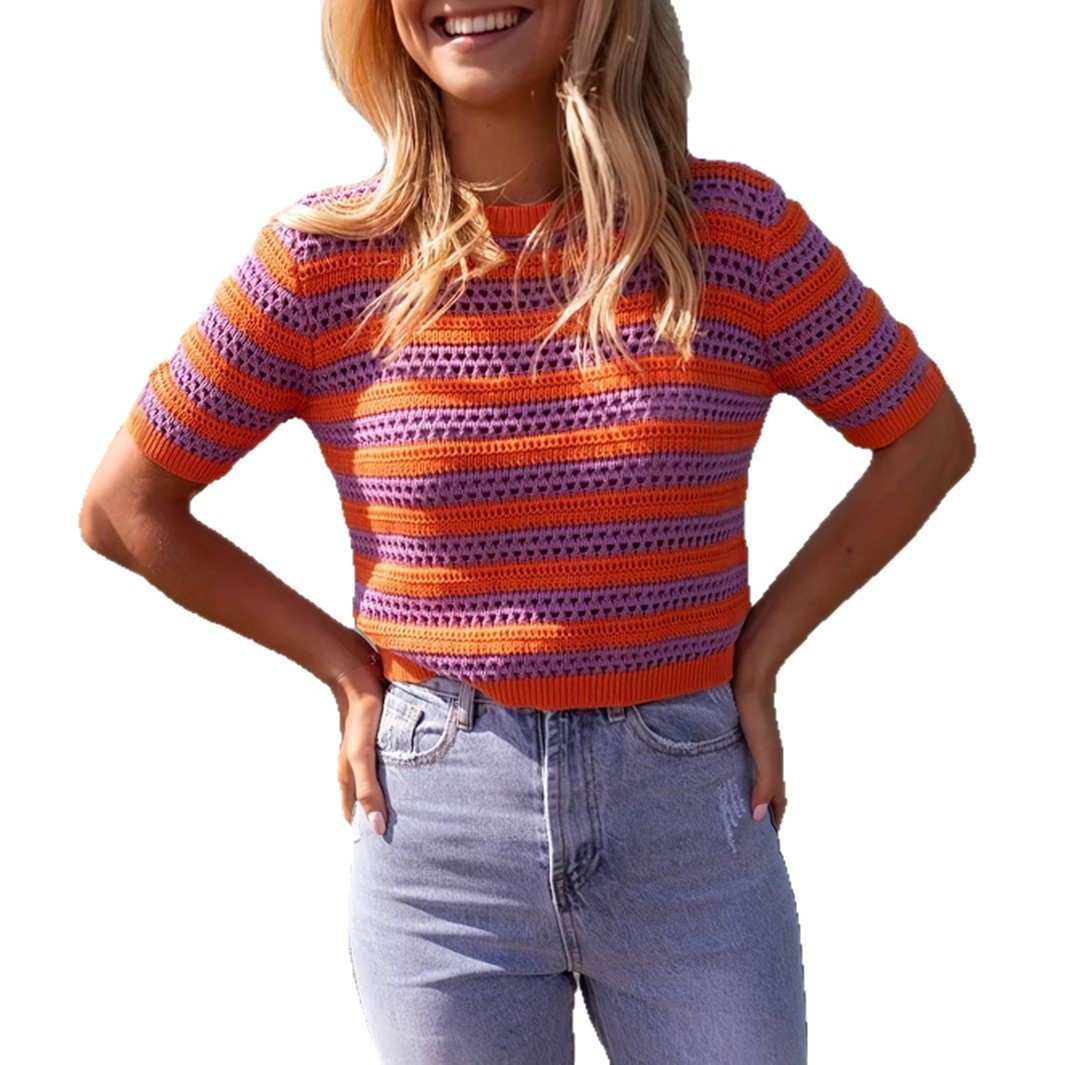 Women's French Hollow-Out Round Neck Pullover Knit Top
