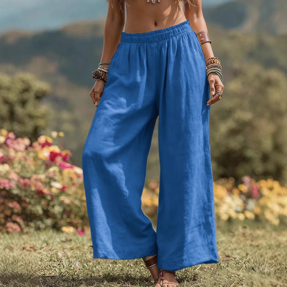 Cotton-Linen Wide-Leg Pants with Full Elastic High Waist