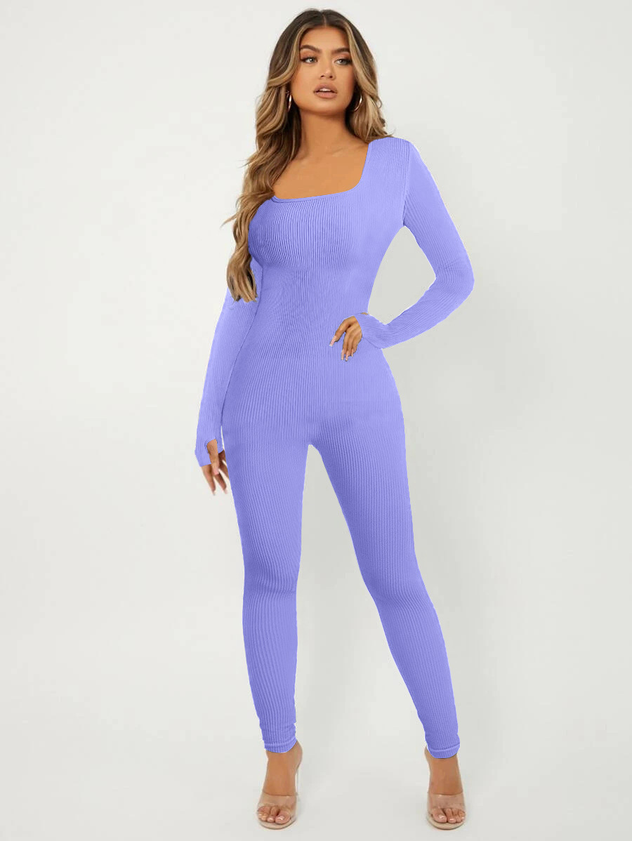 Women's Solid Color Long Sleeve Square Neck Bodysuit Jumpsuit with Butt Lifting