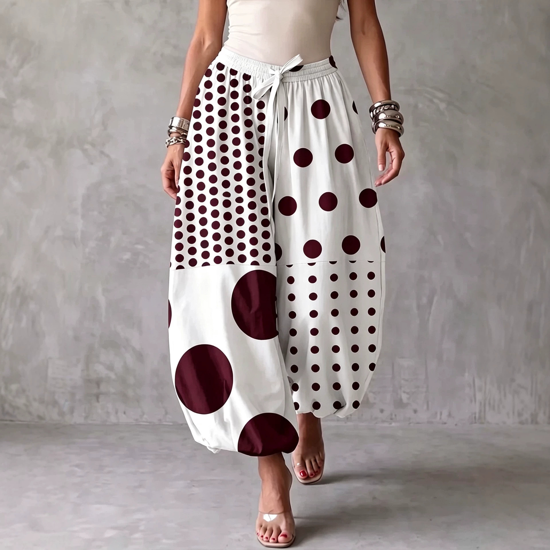 Asymmetric Polka Dot Print Drawstring Jogger Pants