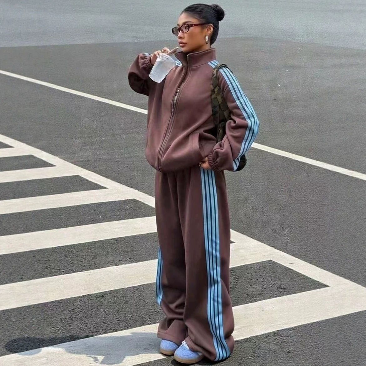 Women's Cotton Colorblock Striped Tracksuit with Zip-Up Cropped Jacket and Wide-Leg Pants