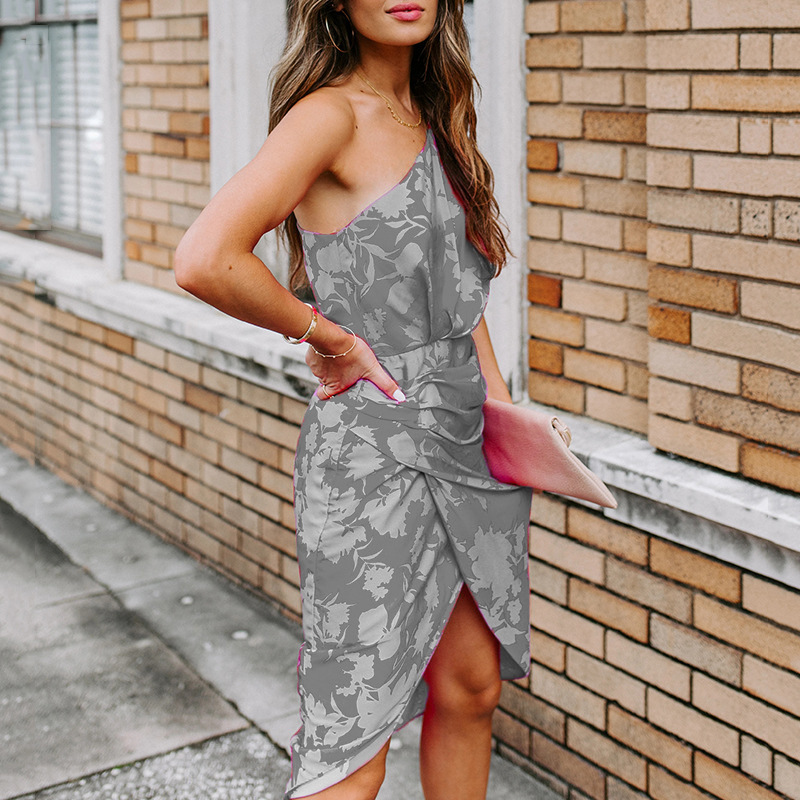 Sexy One-Shoulder Open-Back Print Midi Dress