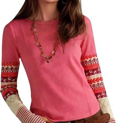 Bohemian Colorblock Sleeve Knit Top – Vintage Pattern Slim Long-Sleeve Crewneck T-Shirt