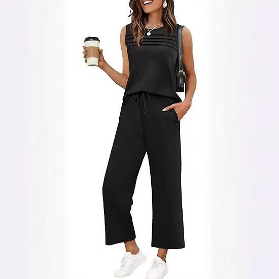 Women's Sleeveless Crewneck Top and Pants Two-Piece Set Casual Solid Color