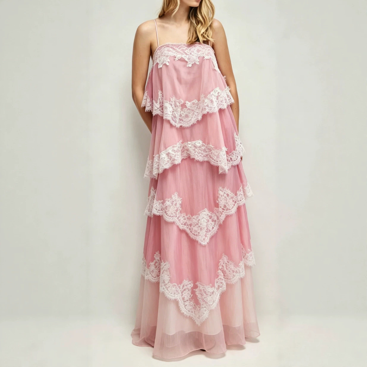 French Vintage Lace Gradient Cami Maxi Dress Tiered Ruffle