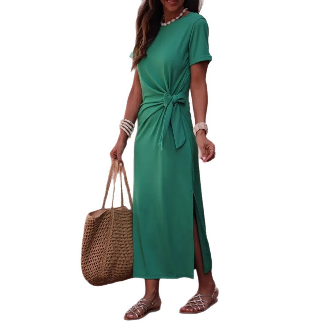 Elegant Crew Neck Short Sleeve Tie Waist Long Dress