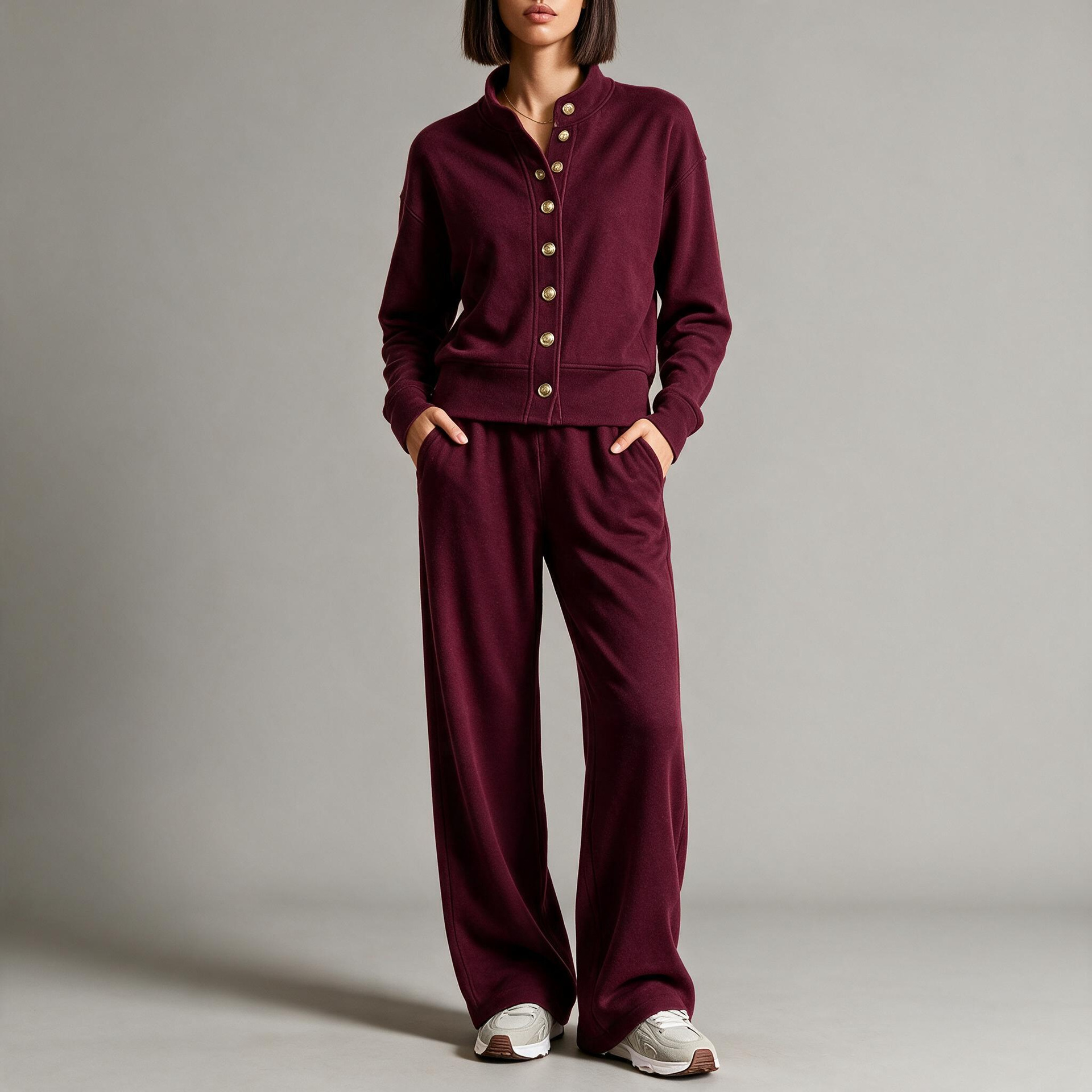 Women's Solid Stand-Collar Cardigan Hoodie & Wide-Leg Pants Set