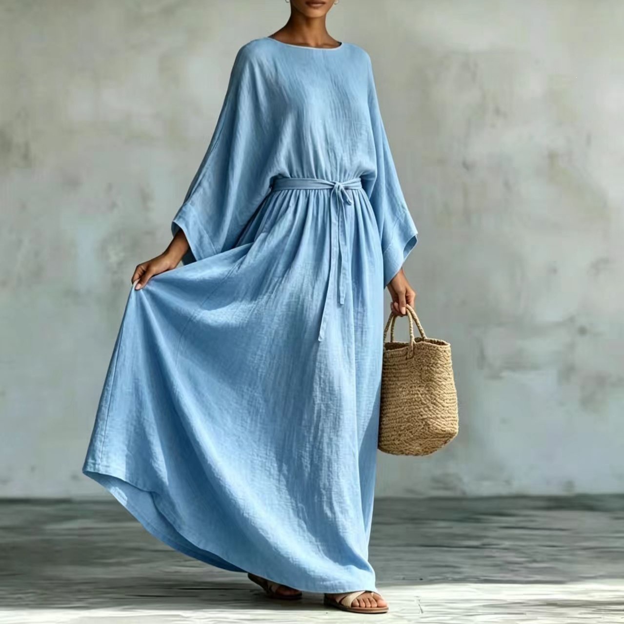 Lazy Style Cotton-Linen Tie-Waist Wide-Sleeve Maxi Dress