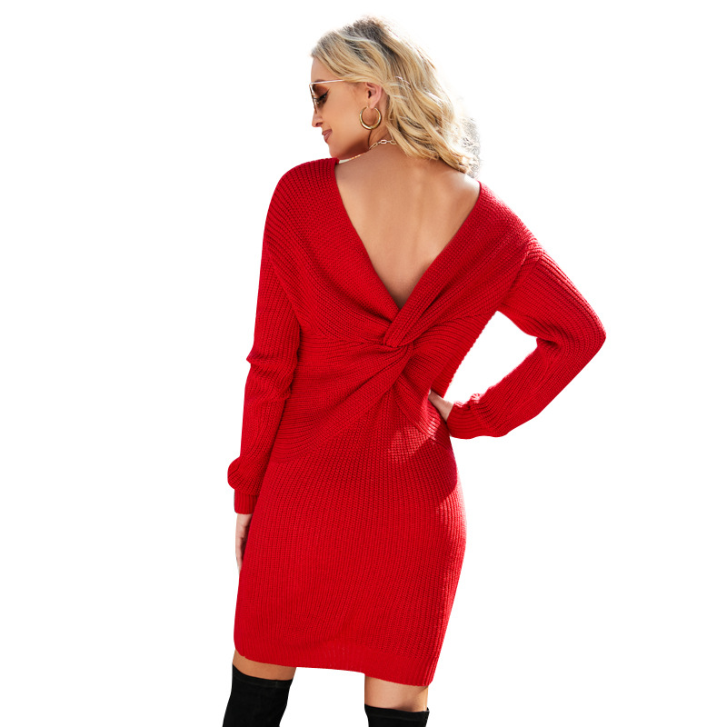 Women's Long Knit Sweater Dress with Open Back and Twist Knot Detail