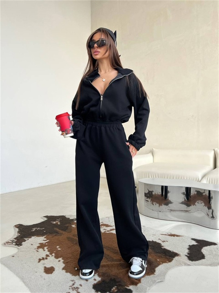 Women's Solid Color Long Sleeve Zip Neck Wide Leg Jumpsuit