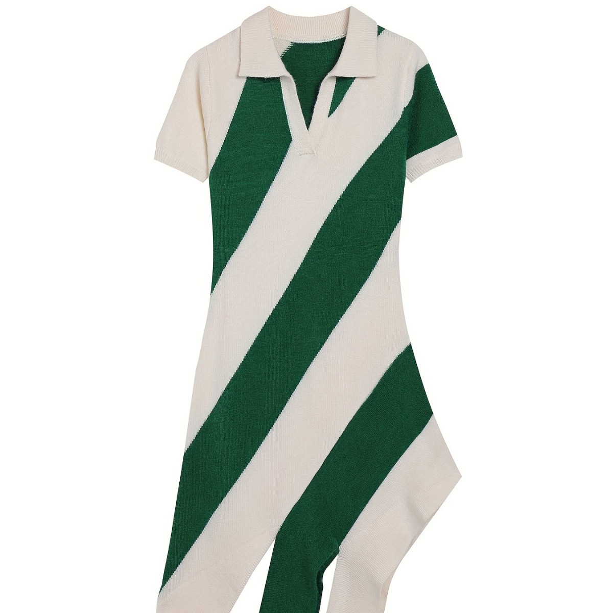 Slim-Fit Knit Polo Dress with Fringe Striped Color-Block Short Sleeves