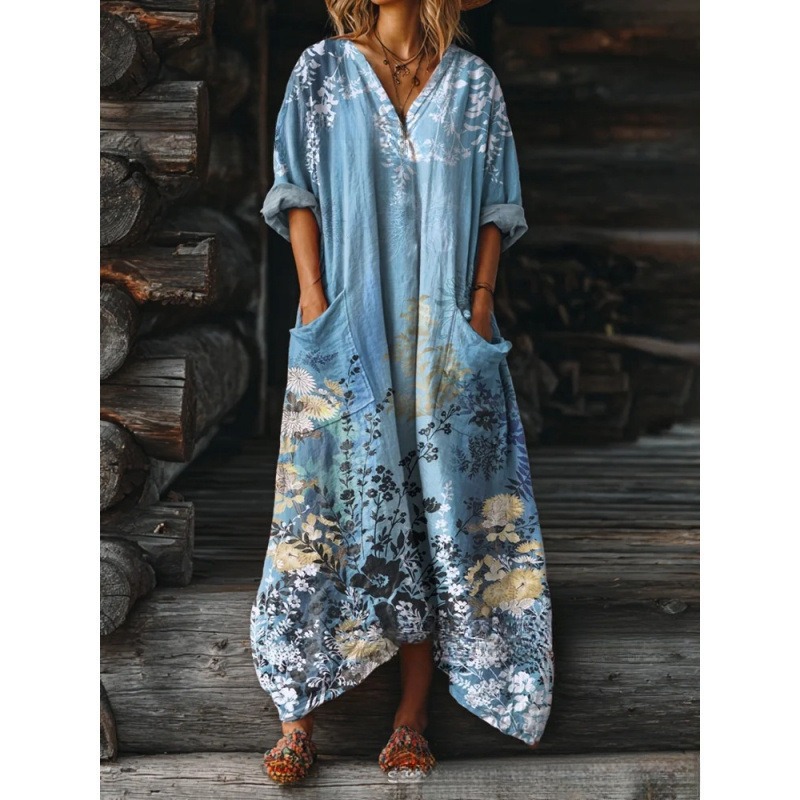 Women's Floral Ripple Print V-Neck A-Line Midi Dress Long Sleeve