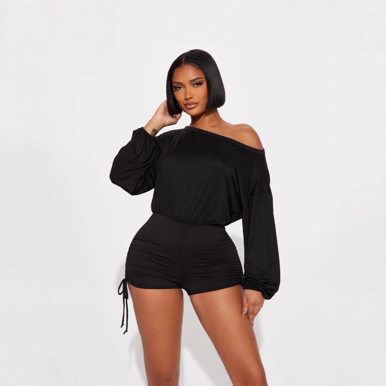 Women's Off-Shoulder Long Sleeve Ruched Drawstring Jumpsuit