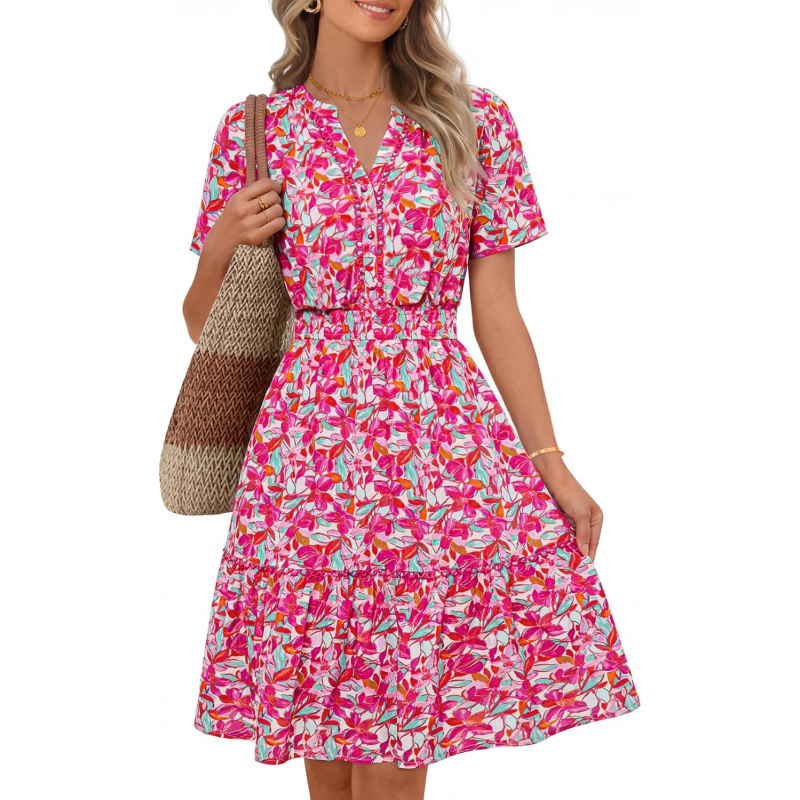 Women's Floral A-Line Short Sleeve V-Neck Midi Dress