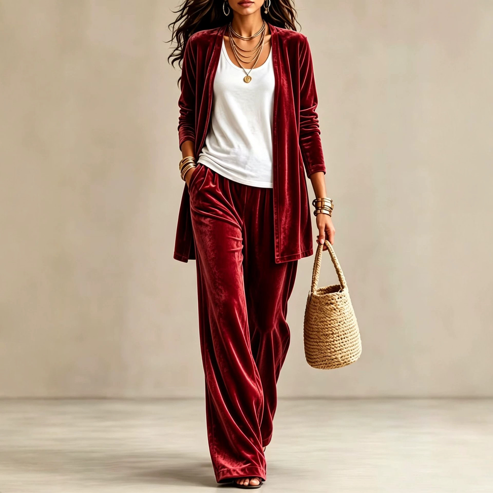 Women's 2-Piece Lounge Set: Solid Long Cardigan & High-Waist Wide-Leg Pants