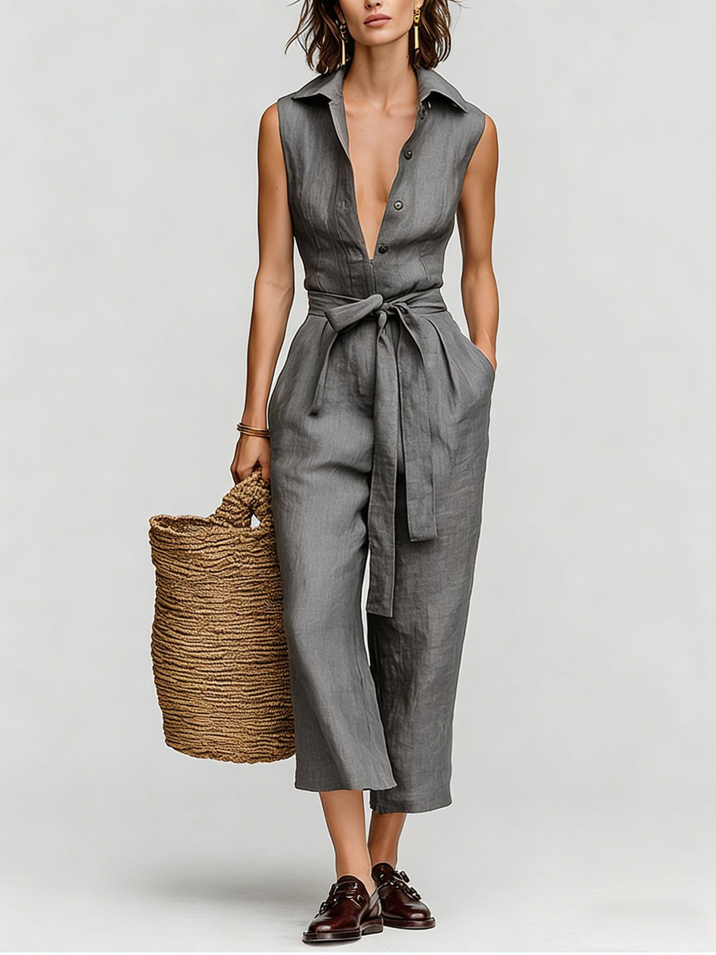 Sleeveless V-Neck Belted Wide-Leg Cropped Jumpsuit