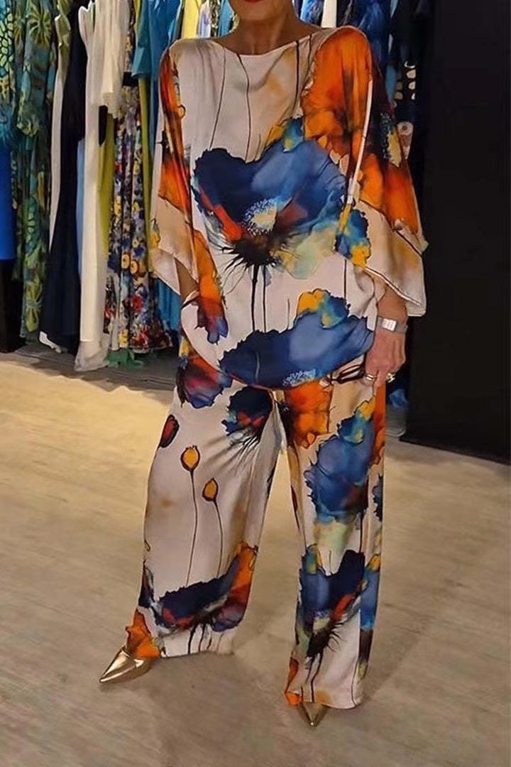 Urban Elegant Satin Off-Shoulder Loose Floral Print Batwing Sleeve Drawstring Pants Set
