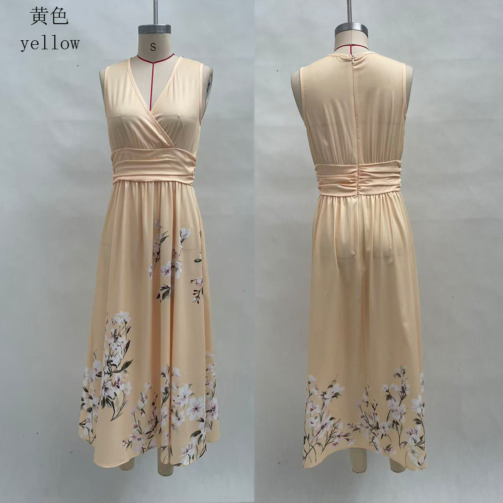 Floral Print Sleeveless V-Neck Pleated A-Line Maxi Dress
