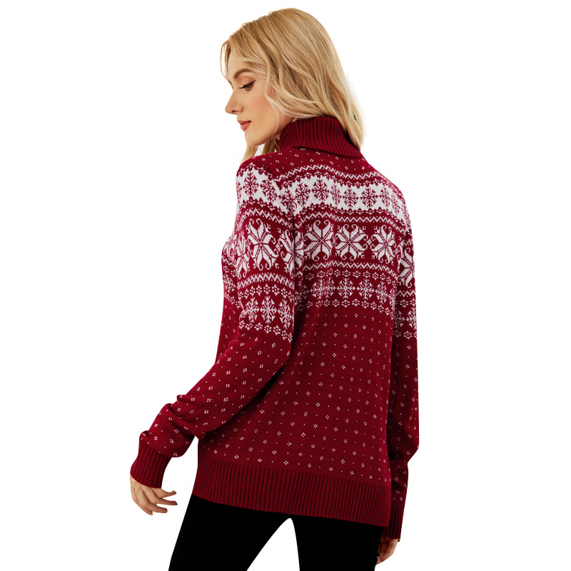 Red High Neck Christmas Snowflake Pullover Sweater