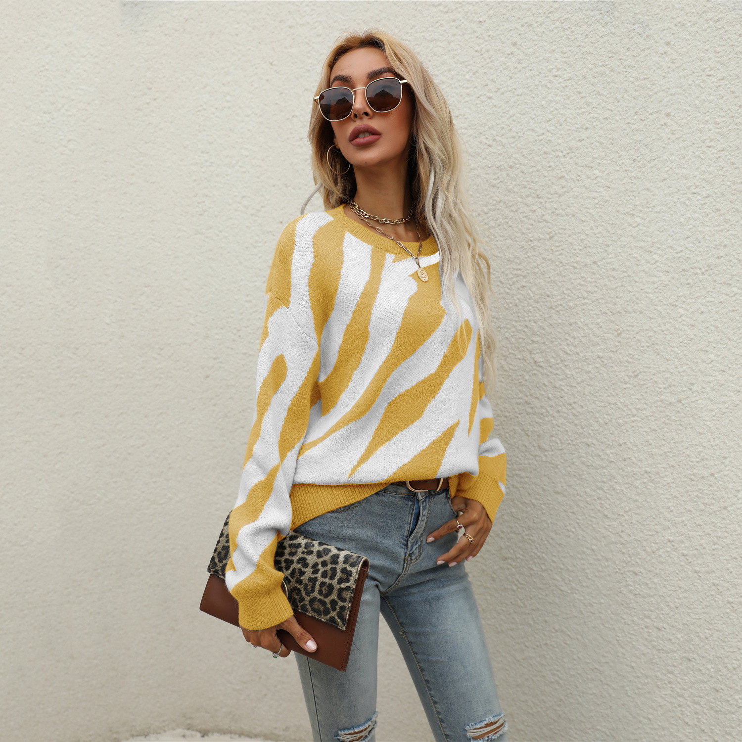 Striped Knit Pullover Sweater with Round Neck, Plus Size