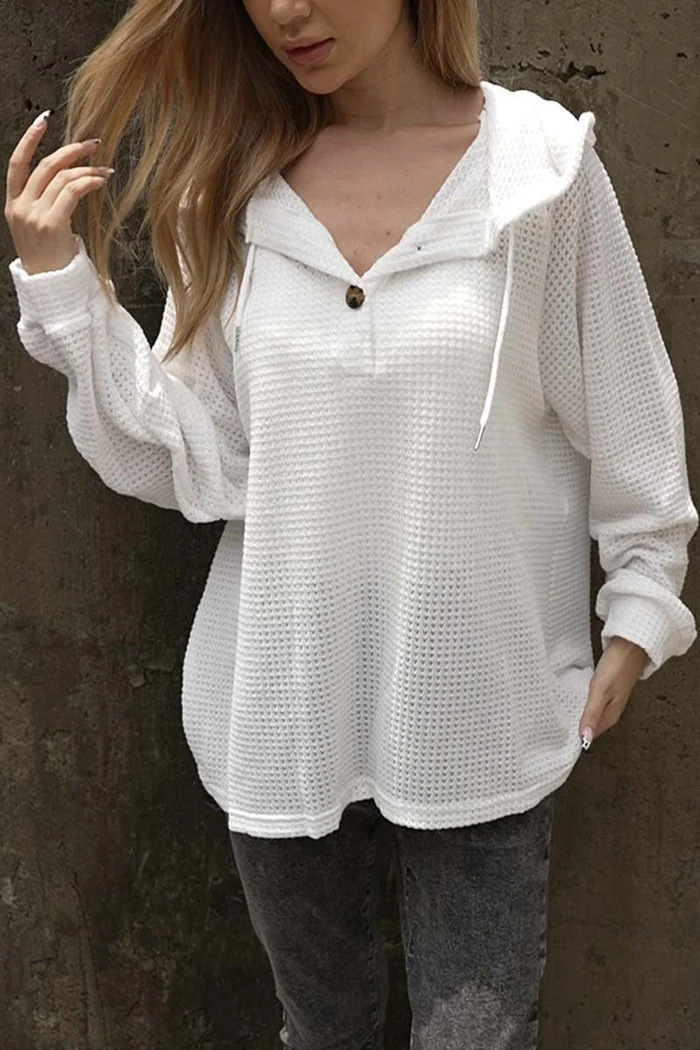 Pineapple Grid Textured Button Drawstring Hooded V-Neck Loose Long-Sleeve Sweatshirt