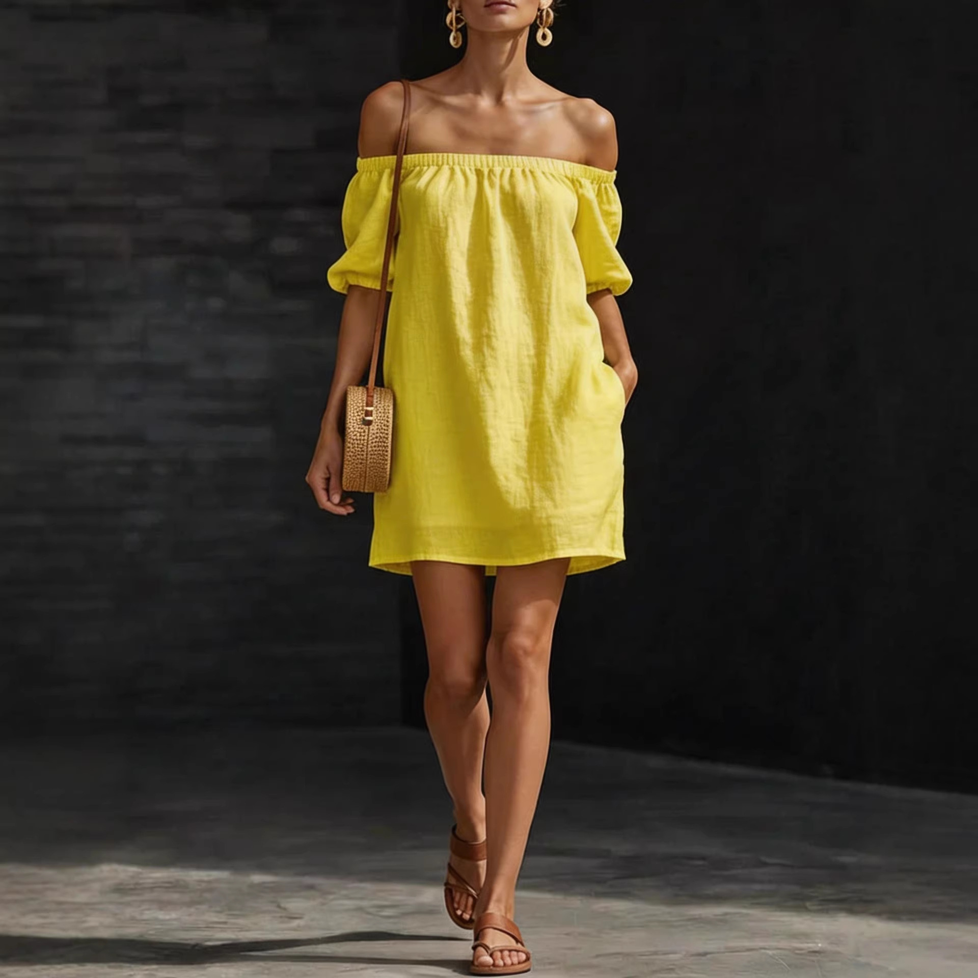 Women's Cotton-Linen Off-Shoulder Dress Solid Color Loose Fit
