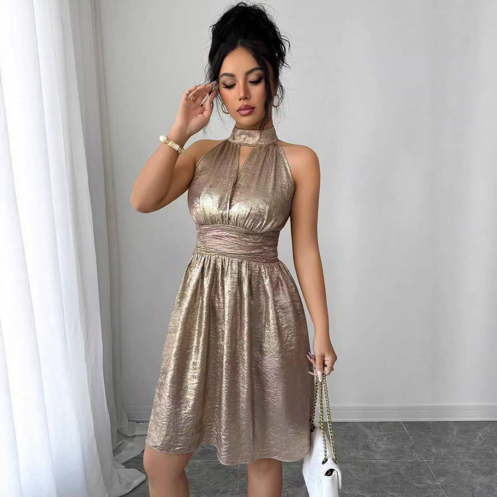 Women's Halter Neck Shiny Bodycon Cutout Party Dress