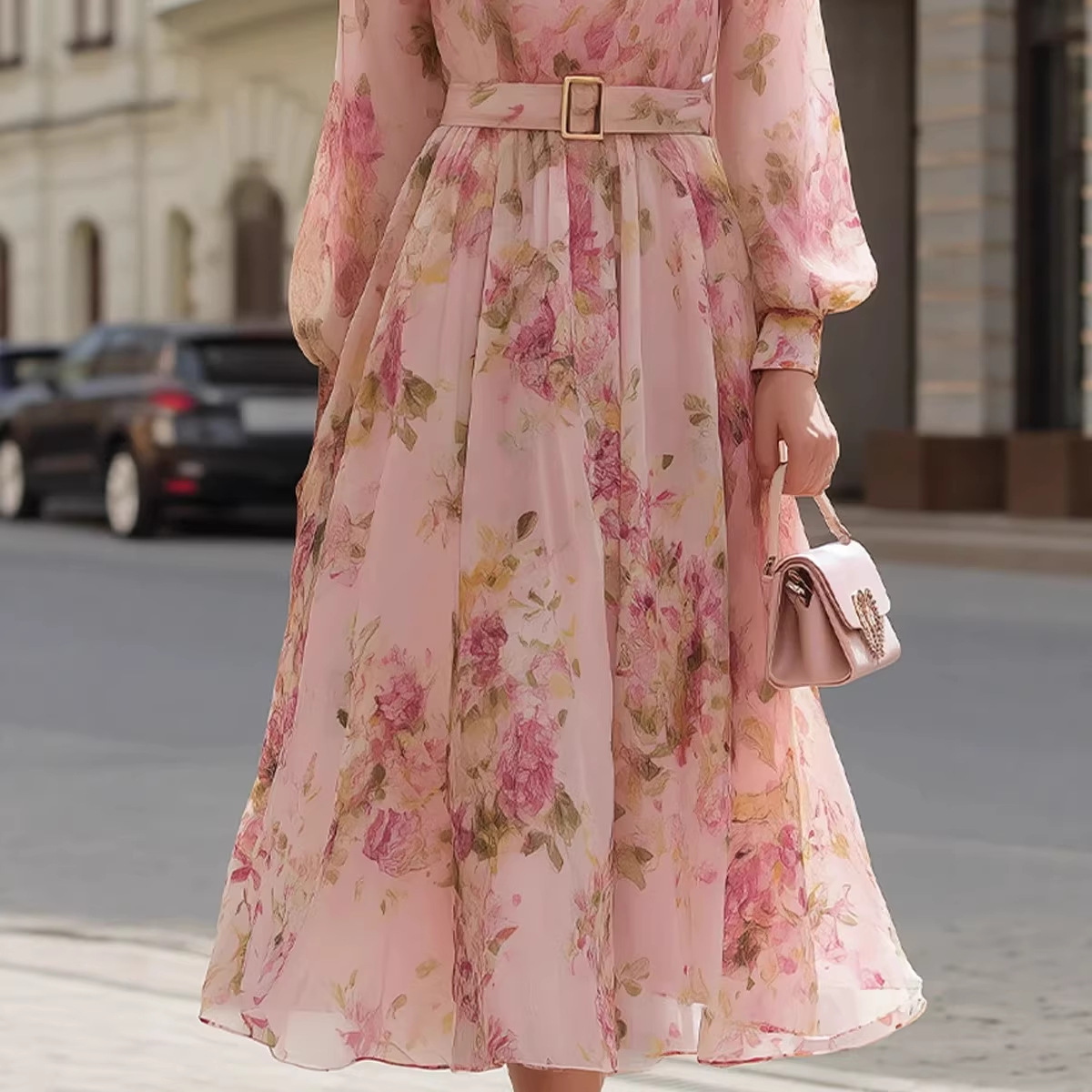 Floral Print Long Sleeve Tie-Waist Midi Dress