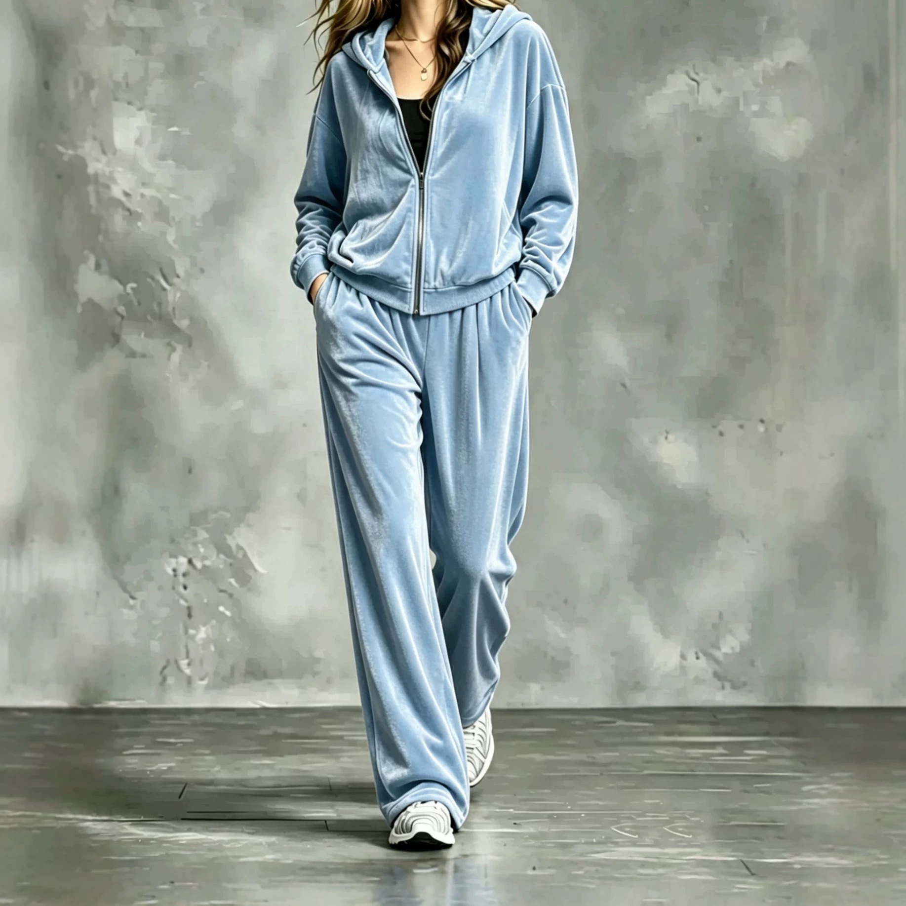 Women's Solid Zip-Up Hooded Two-Piece Sweatsuit Set