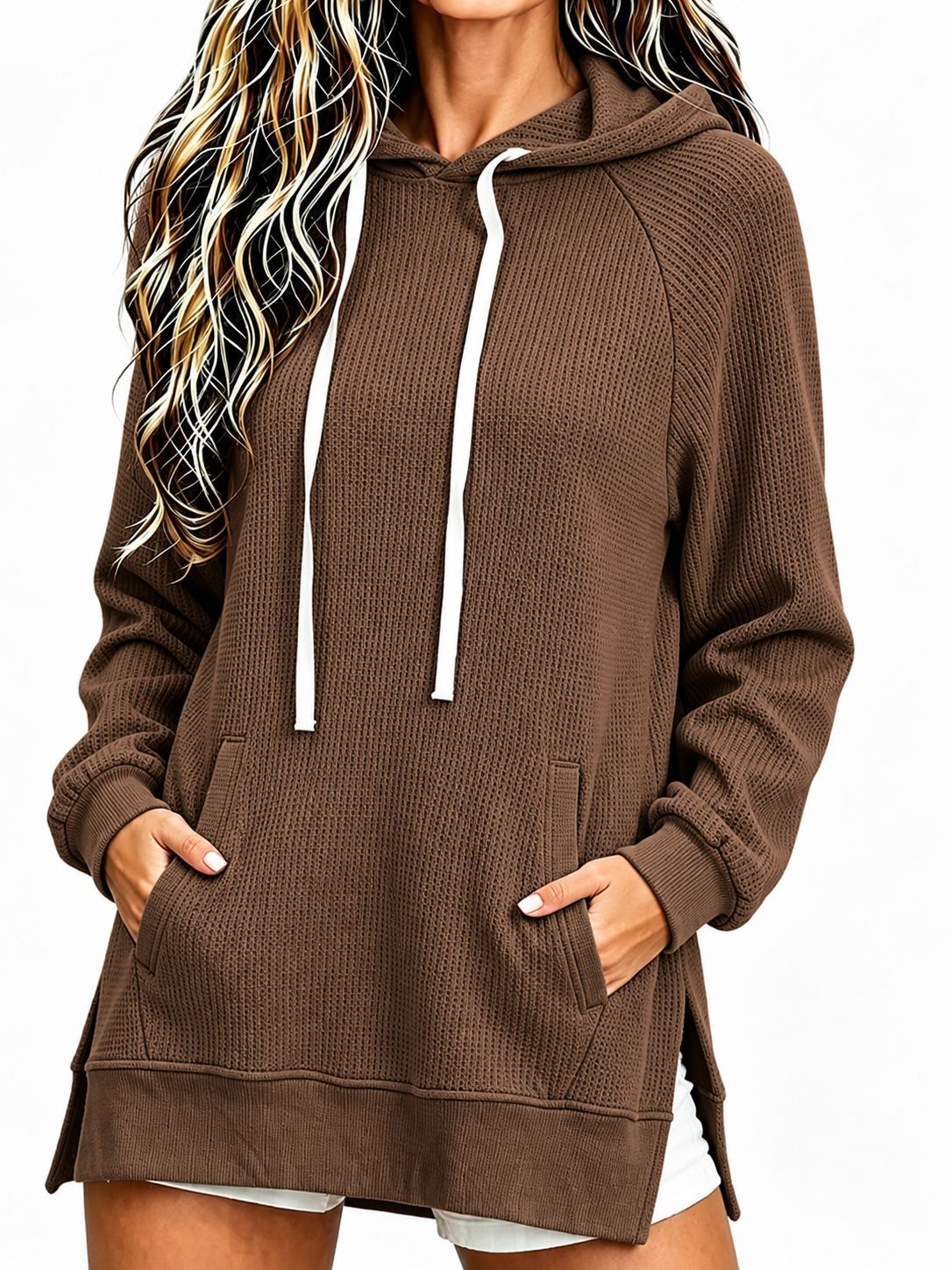 Women's Waffle Knit Hooded Sweatshirt Fall Winter New Loose Mid-Length Pullover with Pockets