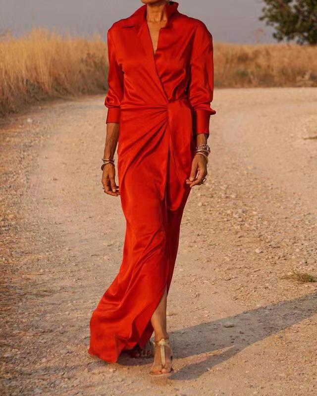 High-Waist Split Long-Sleeve Lapel Jumpsuit