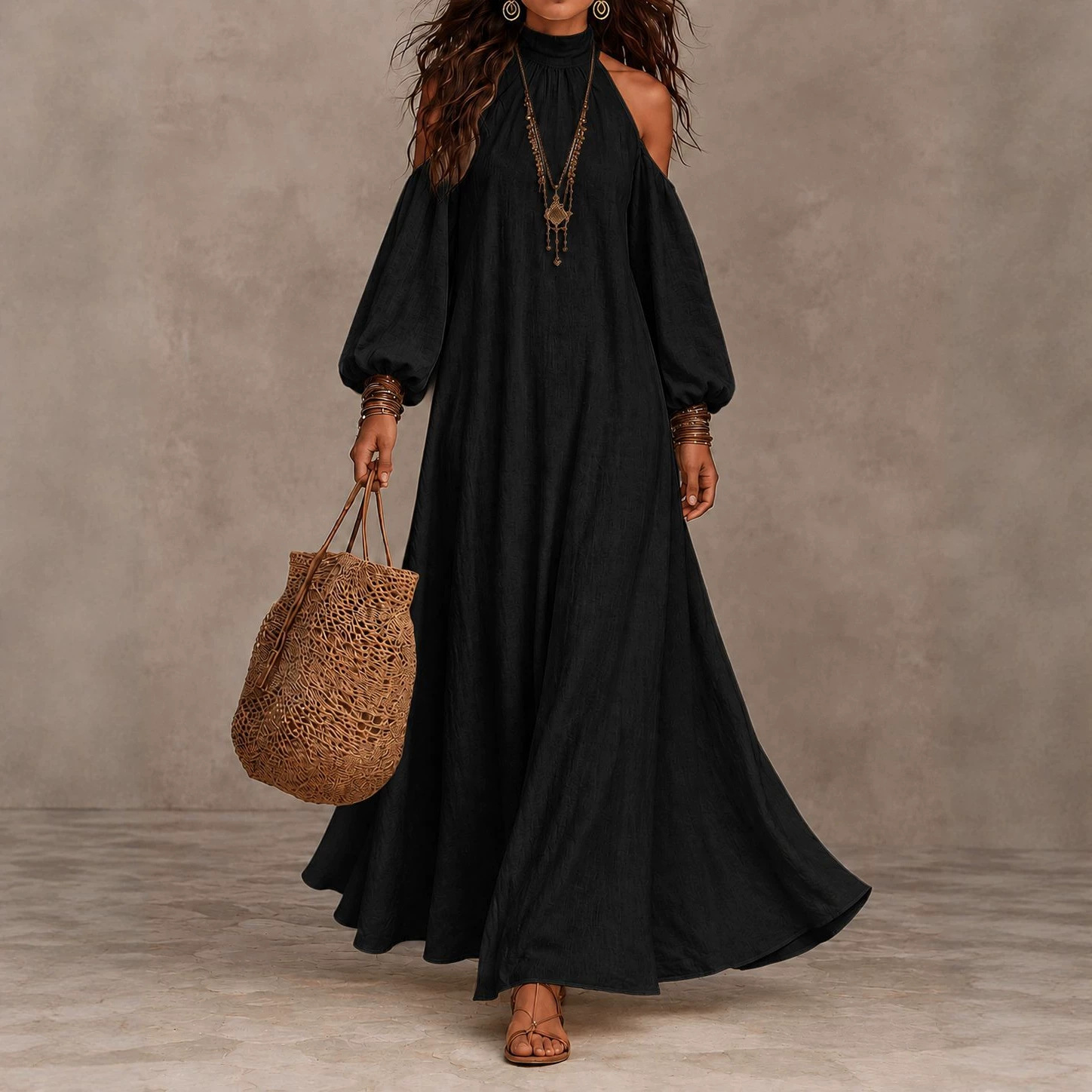 Women's Off-Shoulder Halter Neck Lantern Sleeve A-Line Maxi Dress
