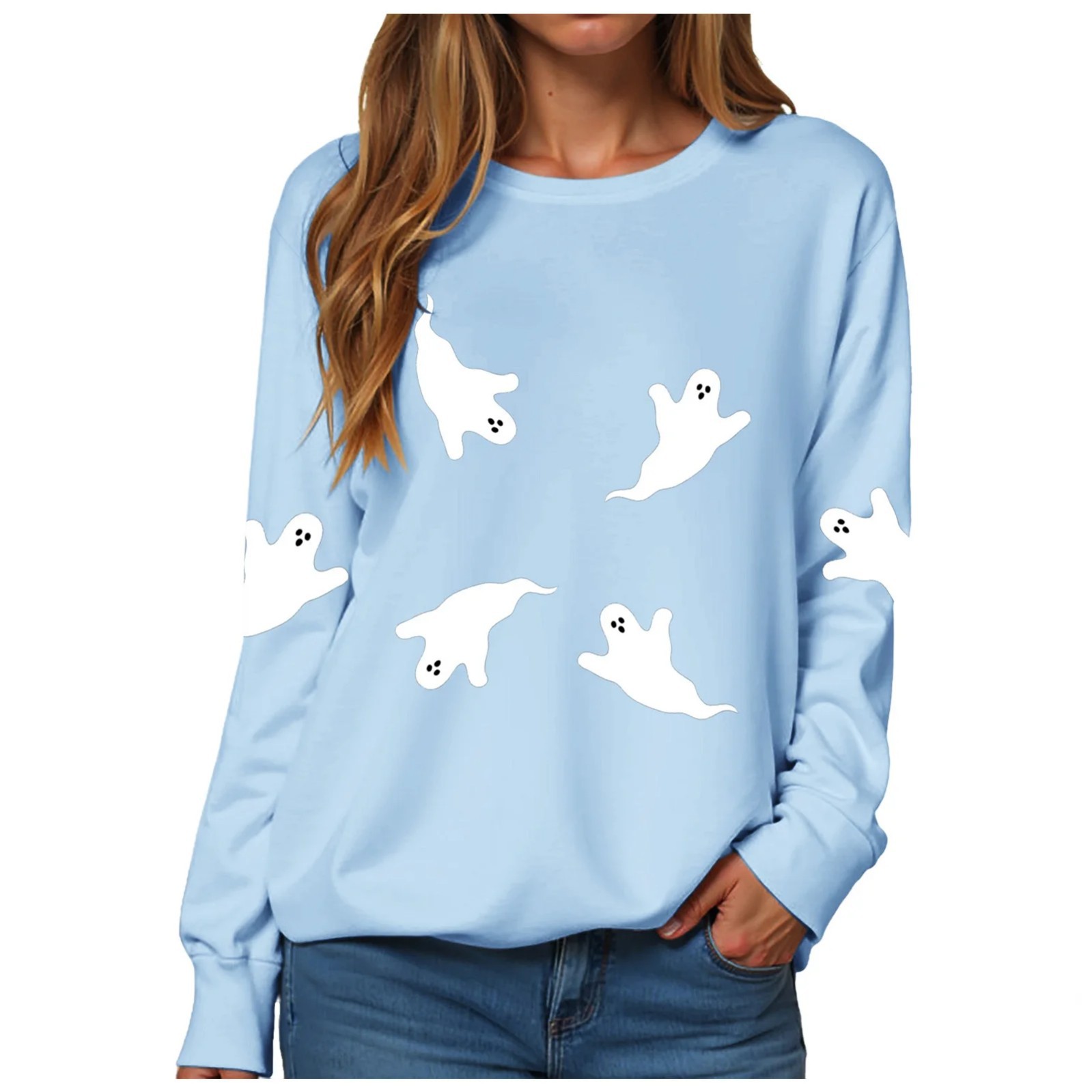 Women's Solid Color Halloween Ghost Crewneck Sweatshirt