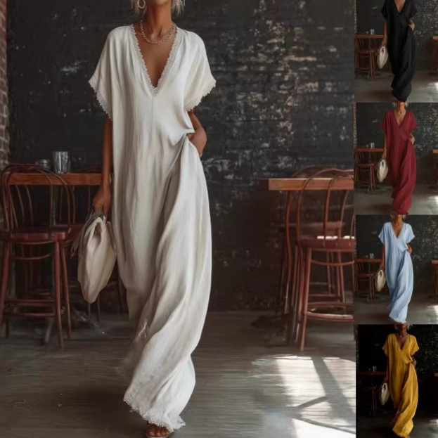 Women's Lace Trim Loose Linen Cotton Dress
