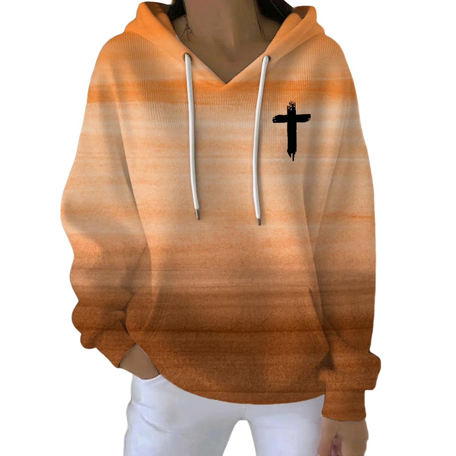 Women's Cross Print Ribbed Plaid Hooded Sweatshirt