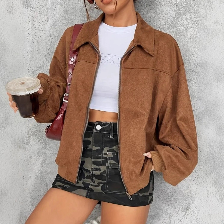 Women's Faux Suede Zip-Up Collared Jacket