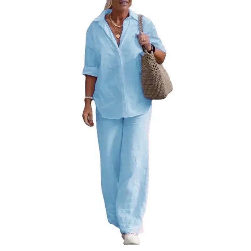 Women's Plus Size Two-Piece Lounge Set with Half-Sleeve Collared Shirt and Pants
